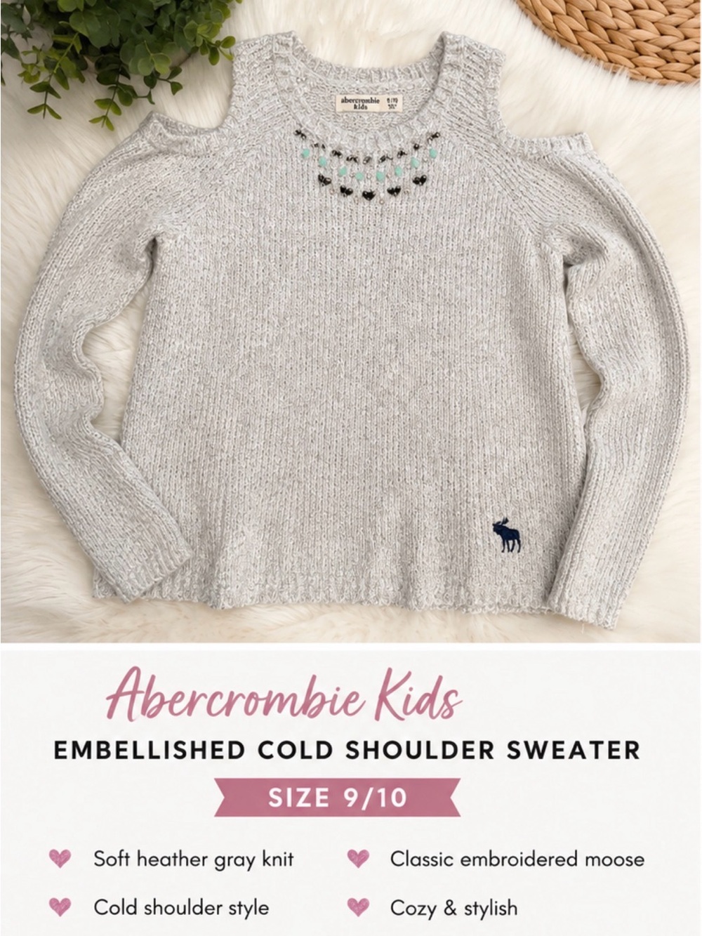 ✨ Abercrombie Kids Embellished Cold Shoulder Sweater – Size 9/10 ✨